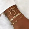 Beaded Bohemia Gold Color Leaves Armband Set For Women White Beads Round Charm Wrap Bangle Boho Girls Smycken Tillbehör