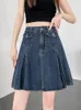 Scherma della gonna a pieghe di denim blu retrò per donne 2024 Summer in stile estivo High Waist A-Line Mini Skort Girl Jean Short