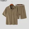 يضع رجال Incerun أزياء Streetwear Summer Solid Solid Lapel Shirt Shirt Shirt مع حزام 2pcs Fashion Mens Suits S-5XL 240423