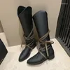 Boots Med Heel Female Shoes Boots-Women Ladies Autumn Pointy Rubber 2024 Over-the-Knee Lace-Up Pointed Toe Cross-tied PU Riding