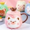 Mugs Ceramic Cartoon Bear Hand Painted Coffee Breakfast Milk Mug With Spoon And Lid Couple Water Cup Office Teacup Drinkware 380ML