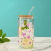 Tumblers 16oz Cute Pink Heart Pattern With Bamboo Lid Glass Straw Juice Hot And Cold Drink Bottle Suitable For Summer Ice Cream H240425