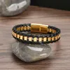 Beaded Classic Hand Woven Stainless Steel Leather Bracelets For Men Gold Black Color Charming Jewelry Punk Hip-Hop Bracelets Gift 240423