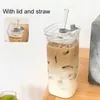 Tumblers Square heat-resistant coffee glass with lid and straw transparent milk tea juice cup home bar beverage H240425