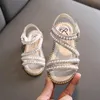 Girl Sandals Summer Fashion Kids Baby Girls Bling Rhinestone Princess Single Sandals for Little Big Girls Pearl Shoes 240410