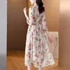 Casual Dresses Long Dress Women Summer 2024 French Style Three Quarter Sleeve Chiffon Elastic midja V-ringningshuvudsbildfärg