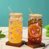 Tumblers 16oz Cute Pink Heart Pattern With Bamboo Lid Glass Straw Juice Hot And Cold Drink Bottle Suitable For Summer Ice Cream H240425