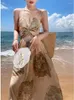 Casual Dresses Summer Women Fashion Khaki Print Backless Bandage Pleated Long Dress Vintage Elegant V-neck Female Lady Holiday Boho