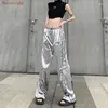 Women's Pants Street Style Pocket Silver Glossy Sprout Strip Slimming Casual High Waisted Dancing Jazz Bottom Sweatpants