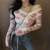 T-shirts pour hommes pour femmes pour femmes en V Skinny Skinny Long Spring Girls Tops Fashion Slim Simple Red Lip Print Design Streetwear