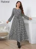 Plus Size Autumn Long Dress Women Plaid Print Elegant Sleeve Ladies Dresses Casual Fashion Woman 240417