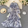 Chiffon Floral Printing Boho Robe Femme manches bouffées à lacets hauts hauts robes plissées midi