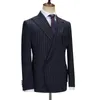 Ternos masculinos 2024 Men azul marinho Slim Fit Groomsman 3D Bolsões Pinstriped Direito Button Casque 2 PCs Vestido de noiva Party Party Party