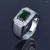 Cluster Rings Wosikate Classic Square Emerald Green Gemstone Ring for Men 925 Sterling Silver Jewelry Wedding Band Accessories Present Open