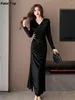 Casual Dresses Elegant Slim V Neck Party Prom Female Spring Sexy Split Long Sleeve Velvet Solid Robe Women Autumn Simple Clothes Mujers