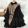 Blouse Two 2 Piece Set shirt Dress For Women Streetwear Pleated Midi Dress Irregular Knitted Vest Long sleeve Shirts 2023 Spring Autumn