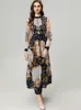 Women's Runway Dresses O Neck Long Sleeves Beaded Rhiestones Printed Fashion Casual Designer Vestidos