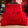 Ställ in lyx prinsessa bröllop sängkläder set king queen size rosa röda spetsar jacquard satin duvet täcker sängöverdrag lakan kuddar