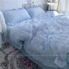 Oreiller Ins Girl Blue Color Color Senersucker Ruffles Lace Liting Litch Set Kawaii Couper Dilt Soft Femme Femme Couvre d'oreiller Couvercle d'oreiller