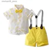 Kleidungsstücke Jungen Bogen Gentleman Kleidung gedrucktes Hemd+gelbe Shorts mit Anhänger Kinder Urlaub Kurzärmel Set Q240425