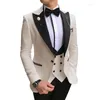 Costumes masculins 3 pièces Slim Fit Business Business Groomsmen Black Blanc Ivory Ivory Tuxedos pour le pantalon Blazer Suit de mariage