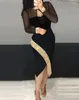 Casual Dresses 2024 Fall Fashion Dress Women Elegant Luxury Keyhole Neck Sheer Mesh Patch Contrast Sequin Long Sleeve BodyCon Midi