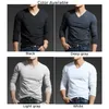 Herr t-shirts casual mens långa ärmar muskel v hals smal t-shirt fast färg aktiva kläder toppar tee underhirt t shirt man kläd