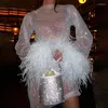 Casual Dresses Clothland Women Sexy Sequined Feather Dress Transparent Long Sleeve See Through White Black Party Event Chic Mini QD339