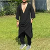 Incerun Männer Sets v Nacken 3/4 Ärmeln Schnürung unregelmäßiges Hemd Kaftan Hosen 2pcs Solid muslimische Kleidung lässige Männer Anzüge S-5xl 240415