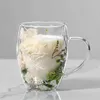Becher 350 ml kreative Doppelwandkaffeetasse mit echtem trockenem Blütenfüllglas Geschenk Hoch Borosilikat Griff H240425