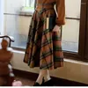 Skirts Vintage Two Piece Set Women Knitting Korean Elegant Conjunto Femenino Solid Sweater Plaid Long Skirt Autumn WinterClothing M26