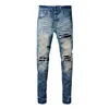 Jeans pour hommes de la rue Street Men Retro Bleu foncé stretch skinny ajustement en cuir déchiré Pantalon de marque hip hop en cuir rapié