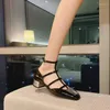 Dress Shoes Fhanchu 2024 Design Women Med Heel Girls Mary Janes ondiepe metalen vierkant teen enkelgesplame 4,5 cm zwart dropship