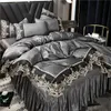 Washed Ice Silk Bed Sheet Skirt White Bedspread Princess Style Large Lace Fourpiece Set 240420