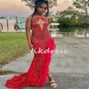 Потрясающие красные выпускные платья с пером Sparkly Sequin Mermaid Aso Ebi Promdress Элегантное вечернее платье с чернокожими женщинами 2024