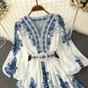 Women Bohemian Dress 2023 Spring Summer Print Long Lantern Sleeve V Neck Corset Slim Button Pleated Dres Vacation 240418