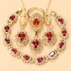 Dubai 18K Gold Plated Wedding Accessories AAA Red Garnet Bridal Jewelry Sets For Women Charm Bracelet And Ring Sets 240419