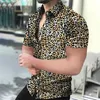 Camisas casuais masculinas moda masculino de leopardo botão de camisa Men manga curta