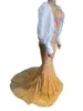 Stage desgaste de mangas de mangas femininas para mulheres vestidos de noite vestidos de sereia sexy para baile para baile brilhante vestido amarelo de pescoço alto d240425