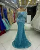 2024 Plus Size Blue Prom -klänningar för svarta kvinnor Promdress Illusion Beaded Lace Pearls Rhinestones Dekorerad födelsedagsfestklänning Andra mottagningsklänningar AM780