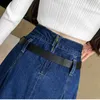 Kjolar fotledslängd vikar denim maxi kjol veckade kvinnor hög midja lång jean en linje y2k streetwear retro blått med bälte