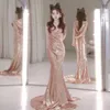 Runway Dresses Shiny Champagne Gold Celebrity Strapless V-hals Spaghetti Strap Mermaid Backless Sexy Long Evening Party Gowns