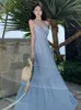 Casual Dresses Women Blue Sexy Club Backless Bandage Long Dress Summer Vacation Birthday Party Bridesmaids Evening Pleated Robe