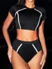 Women's Swimwear Ribbed Short Sleeve High Waist Bikini Female Swimsuit Women Two-pieces Set Padded Bather Bathing Suit Swim K5125