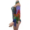 Stage Wear Sexy Multi-Color Rhinestones Tassel Bodysuit Nightclub Dançarino Party Stage Wear Pólo Dança Fringe Crystal Leotard Costume Cizhuan D240425