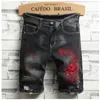 Men's Male Summer Painted Ripped Denim Shorts Streetwear Slim Holes Stretch Jeans Breeches Trousers 29-38