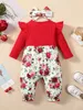 Rompers 0-2 Year Old Newborn Baby Girl Spring and Autumn Round Neck Wooden Ear Edge Long sleeved Flower Printed Pants jumpsuit d240425