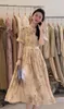Casual klänningar elegant retro trimning tryck lång klänning för kvinnor 2024 sommar kinesisk stil midja kort puffhylsa femininos