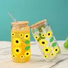 Tumblers 1 Piece Green Leaf Sunflower With Bamboo Lid Glass Straw Ice Cream Drink Bottle Suitable For Hot And Cold Drinks In Summer H240425