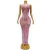 870J Stage indossa strass d'argento strass cristalli di abiti rosa senza maniche sexy abbigliamento da danza da ballo compleanno festeggiare in costume indossa Fenzhu D240425